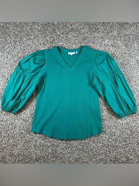 Chicos Size 3 XL Ribbed V Neck Puff Balloon Sleeve Teal Green Top Cotton Stretch